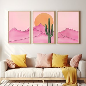 Retro Pink Desert Watercolor Print Set of 3, Saguaro Cactus Wall Art ...
