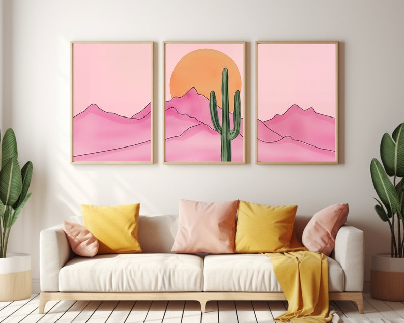 Retro Pink Desert Watercolor Print Set of 3, Saguaro Cactus Wall Art ...