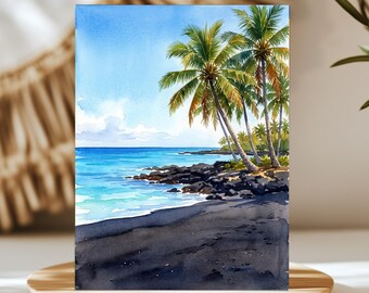 Punaluu Black Sand Beach Hawaii Watercolor Wall Art, Print or Canvas