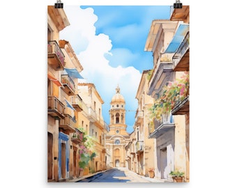 Palermo Sicily Watercolor Print, Mediterranean Cityscape Wall Art, Colorful Italian Streetscape Decor, Europe Travel Poster, European City
