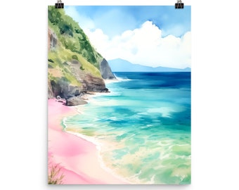 Horseshoe Bay Bermuda Watercolor Print, Pink Sand Beach Art, Tropical Seascape Wall Decor
