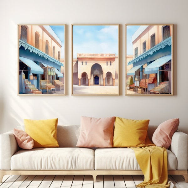 Moroccan Market Watercolor Print | Set of 3 | Morocco Gift | Souk | Morocco Wall Art | Bazaar | North Africa | Marrakesh | African Cityscape