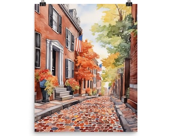 May include: A watercolor painting of a cobblestone street in a city with brick buildings and fall foliage. American flags are hanging from the buildings.