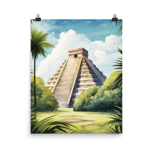Chichen Itza Watercolor Print | Mexico Travel Gift | Mexican Decor | Kukulcan | Mayan Art | Pyramid Art | Yucatan | landmark | Temple Art