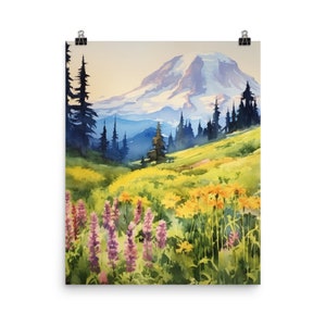 Mount Rainier Watercolor Print | Wildflowers | Pacific Northwest Gift | Volcanic Landscape | Mountainscape Painting | Alpine Portrait