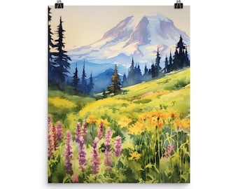 Mount Rainier Watercolor Print | Wildflowers | Pacific Northwest Gift | Volcanic Landscape | Mountainscape Painting | Alpine Portrait