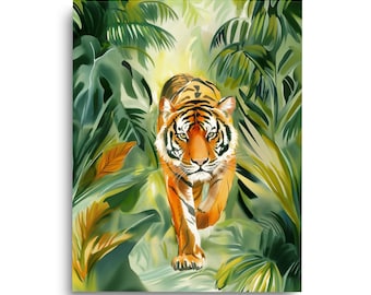 Tiger Watercolor Print, Jungle Wildlife Wall Art, Exotic Animal Poster, Tropical Forest Decor, Bengal Tiger Artwork, Big Cat Lover Gift