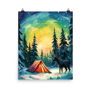 Lapland Watercolor Print | Finland Travel Gift | Finnish Decor | Arctic Landscape Wall Art | Winter Wonderland | Sami Culture | Elk Portrait