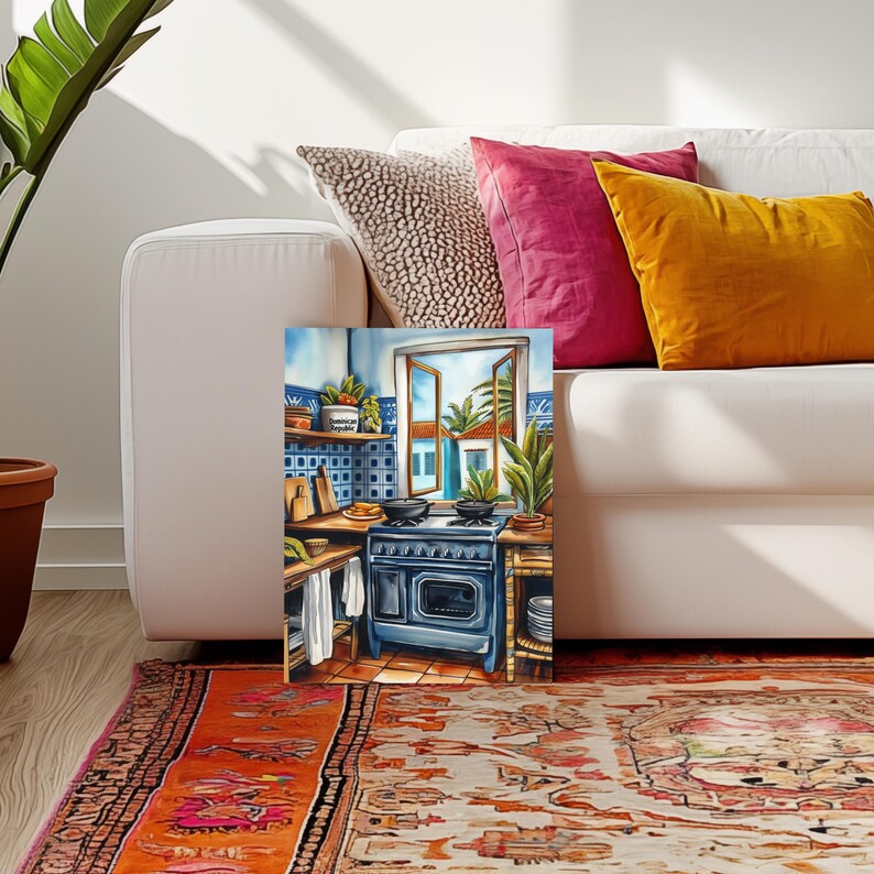 May include: A painting of a kitchen with a blue stove and a window overlooking a tropical scene. The stove has a white countertop and a white towel hanging on the side. The window is open and there are palm trees visible outside.