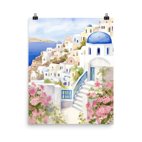 Santorini Watercolor Print, Oia Greece Wall Art, Aegean Sea Travel Poster, Greek Island Coastal Decor, Caldera View Artwork, Cyclades Art