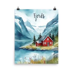 Fjords Watercolor Print | Norway Travel Gift | Norwegian Wall Art | Coastal Landscape Decor | Scandinavia Poster | Europe Nature Painting