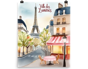 Paris Street Scene Watercolor Print, Eiffel Tower Art, France Travel Poster, European Wall Decor, Romantic Cityscape Artwork, Parisian Art