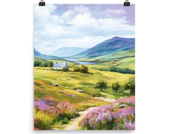 May include: A painting of a white cottage in a green valley with a river winding through it. The valley is surrounded by rolling hills and a blue sky with white clouds. The foreground is filled with purple wildflowers.