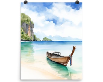 Thailand Longtail Boat Watercolor Print, Tropical Beach Wall Art, Thai Fishing Poster
