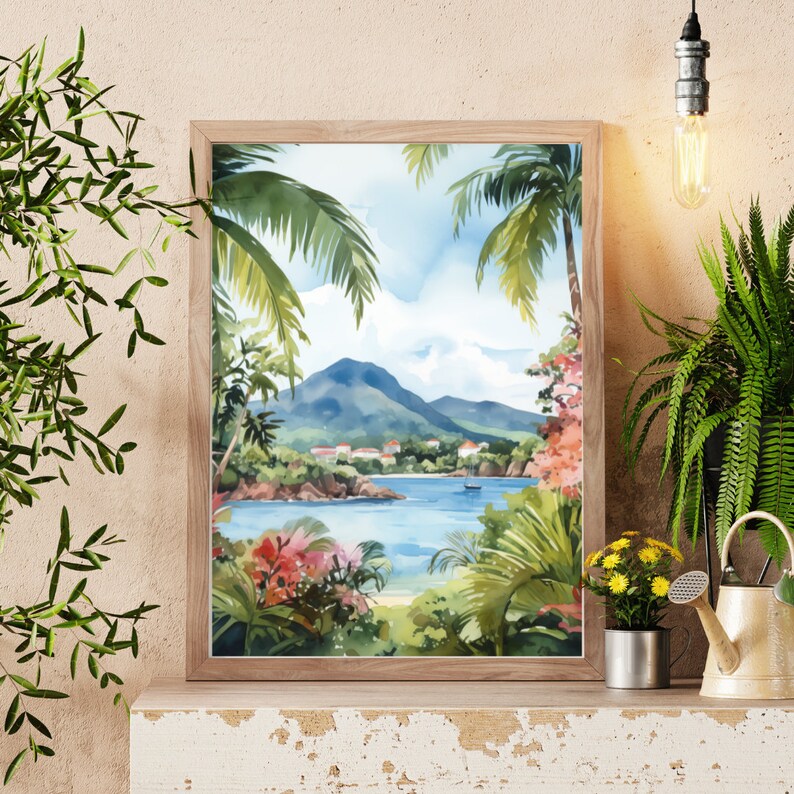 May include: A watercolor painting of a tropical island scene with palm trees, a mountain range, and a blue ocean. The painting is framed in a light brown wood frame.