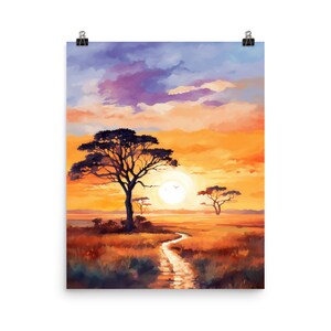 Serengeti Watercolor Print | Safari Wall Art | Tanzania Travel Gift | African Landscape | Africa Decor | Horizon | Savanna | Sunset Poster