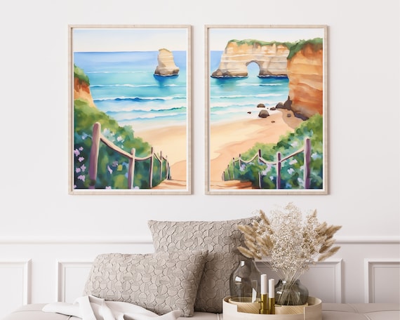 Algarve Coast Watercolor Print, Set of 2, Portugal Seaside Wall Art, Coastal Decor, Mediterranean Poster, Europe Travel Artwork, Beach Scene