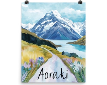 Aoraki Mount Cook Watercolor Print, New Zealand Alpine Landscape Wall Art, South Island Poster, Oceania Travel Decor, Mountain Nature Gift