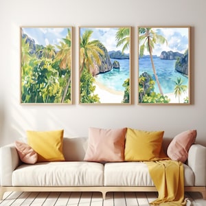 El Nido Palawan Watercolor Print Set of 3, Tropical Coastal Art, Philippines Wall Decor, Seaside Poster, Southeast Asia Travel Artwork