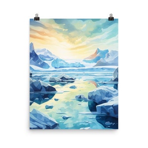 May include: A digital painting of a frozen lake with icebergs and mountains in the background. The sky is a light blue with yellow clouds. The water is a light blue with reflections of the sky and mountains.