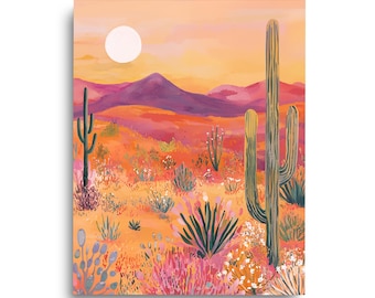 May include: A desert landscape art print featuring a tall saguaro cactus in the foreground, smaller cacti, and desert flora. The background displays rolling purple mountains under a soft orange and yellow sunset sky with a pale white sun.