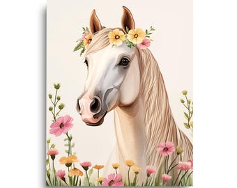 Floral Arabian Horse Watercolor Print, Elegant Equine Wall Art, White Horse Poster, Animal Nursery Decor, Farmhouse Artwork, Horse Lover Art