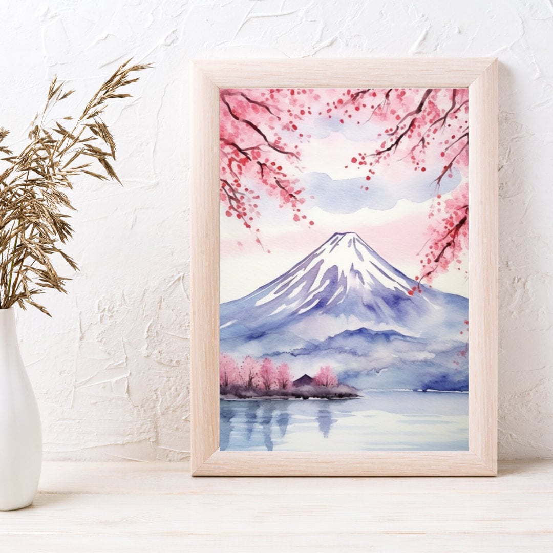 Mount Fuji Watercolor Print, Japanese Landscape Wall Art, Cherry