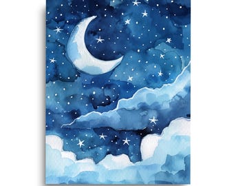 Crescent Moon Watercolor Print, Starry Night Celestial Art, Cosmic Lunar Poster, Night Sky Illustration, Dreamy Moon Nursery Wall Decor