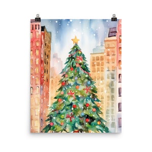 NYC Christmas Tree Watercolor Print, Holiday Cityscape Wall Art