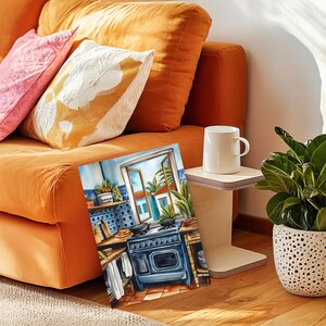 May include: A painting of a kitchen with a blue stove and a window overlooking a tropical scene. The kitchen has blue and white tile walls and a wooden countertop. The stove has a black top and a blue oven door. The window is open and there are palm trees visible outside.