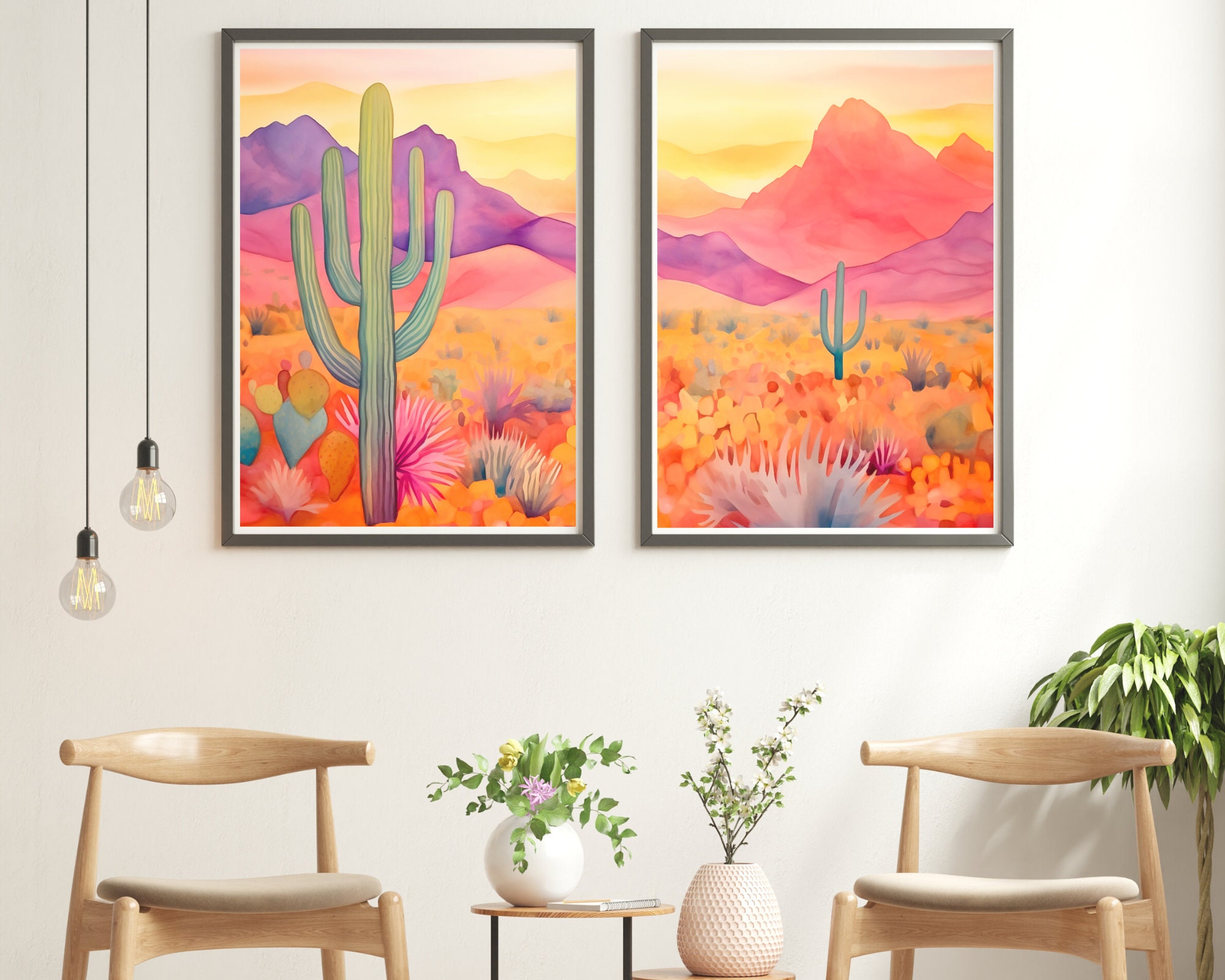 Pink Desert Watercolor Print, Set of 2, Cactus and Mountain Wall Art ...