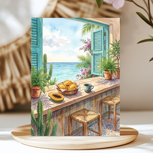 May include: A watercolor illustration of an open window overlooking the ocean. A wooden counter holds a basket of golden pastries, a halved papaya, and a mug. Two woven stools sit below the counter, surrounded by potted ferns and cacti.