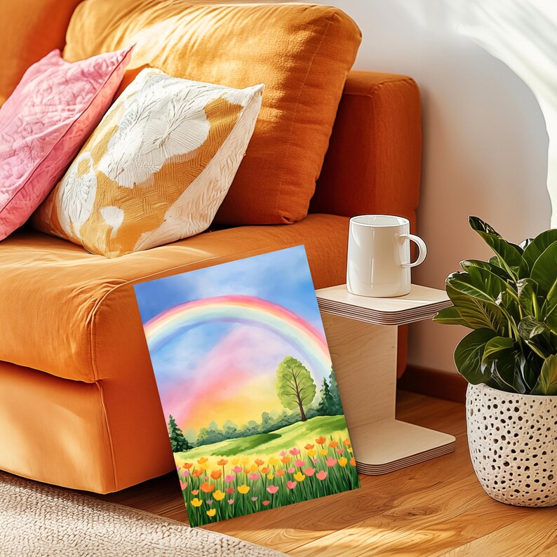 Rainbow Tulip Field Watercolor Print, Scenic Countryside Landscape - Etsy