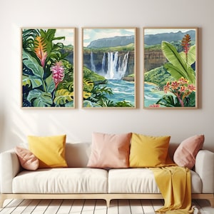 Rainbow Falls Watercolor Print Set, Tropical Hawaiian Landscape Art