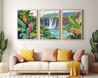 Rainbow Falls Watercolor Print Set of 3, Hawaiian Tropical Waterfall Wall Art, Big Island Poster, Hilo Nature Decor, Tropical Landscape Art