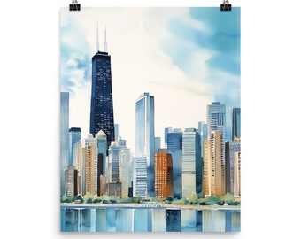 Peut inclure: Une peinture à l'aquarelle d'une ville avec de grands bâtiments, dont un gratte-ciel, sur un fond de ciel bleu avec des nuages blancs. Les bâtiments se reflètent dans l'eau en contrebas.