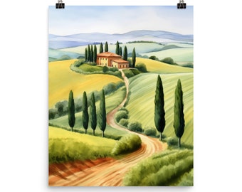 Val d’Orcia Tuscany Watercolor Print, Italian Countryside Landscape Wall Art