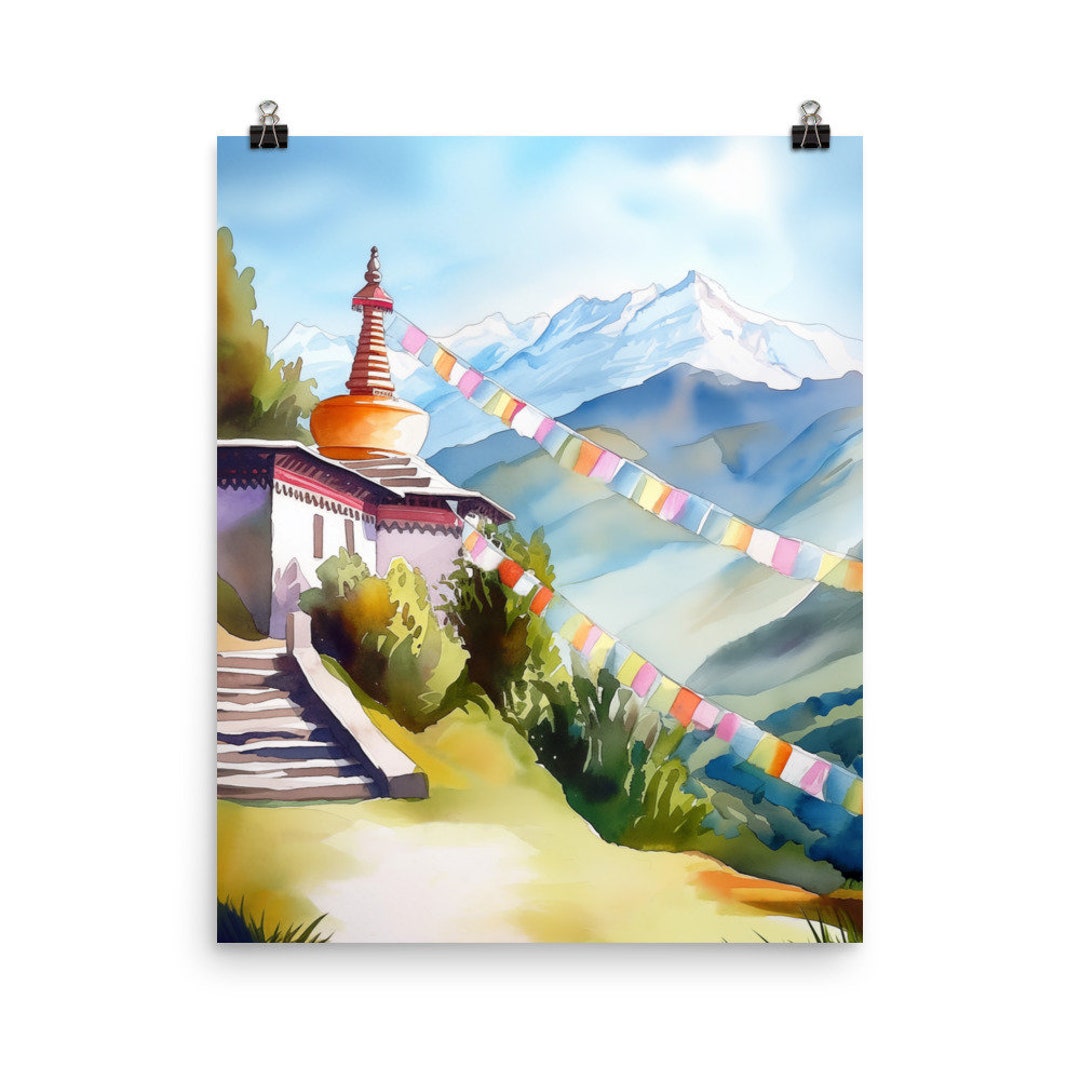 Himalayan Valley Watercolor Print, Nepal Mountain Landscape Wall