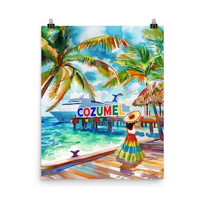 May include: A colourful watercolour art print featuring a cruise ship docked at a pier with the text COZUMEL in bold letters. A figure wearing a wide-brimmed hat and a long, multi-coloured striped skirt stands on a wooden dock under palm trees.