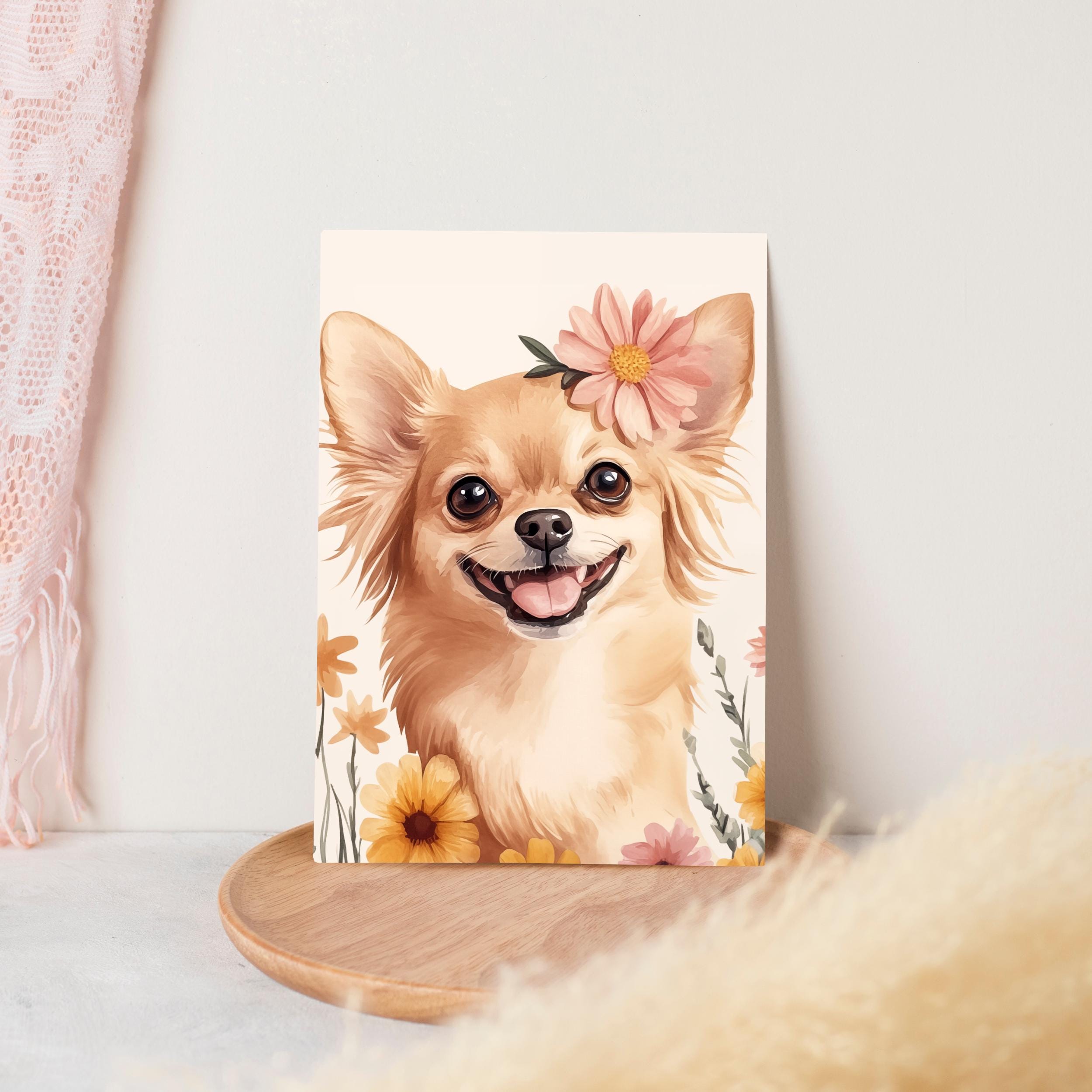 Chihuahua Watercolor Print Floral Dog Wall Art Cute Doggo
