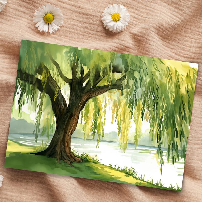 Willow Tree Watercolor Print, Serene Lakeside Landscape Art, Tranquil ...