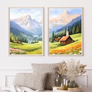 Switzerland Watercolor Print | Set of 2 | Swiss Alps | Alpine Landscape | Europe Travel Gift | European Poster | Mountains Wall Art | Nature