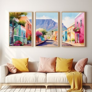 Bo Kaap Set of 3 Watercolor Prints, Travel Wall Art, Triptych Print Set