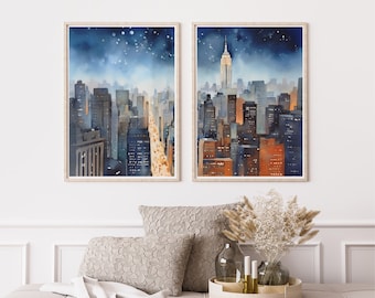 Manhattan Watercolor Print, Set of 2, NYC Cityscape Wall Art, New York Travel Decor, US Skyline Poster, Manhattan Architecture Artwork