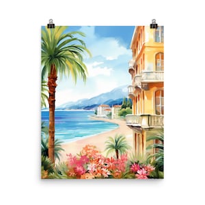 Nice Watercolor Print | France Travel Gift | French Riviera Wall Art | Cote d'Azur | Europe Decor | Mediterranean Sea | Coastal | Seaside