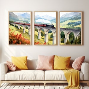 Glenfinnan Viaduct Watercolor Print | Set of 3 | Scotland Travel Gift | Scottish Art | Train Gift | Steam Train | Locomotive | Countryside