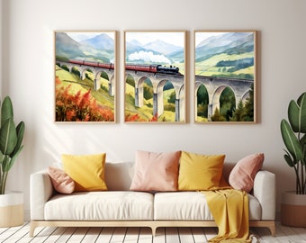 Glenfinnan Viaduct Scotland Watercolor Print Set of 3, Steam Train Wall Art, Railway Landscape Poster, Scottish Highlands Travel Decor