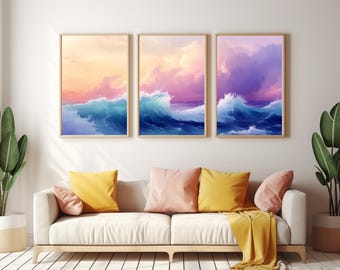 Dreamy Ocean Storm Set of 3 Watercolor Prints, Nature Wall Art, Triptych Print Set