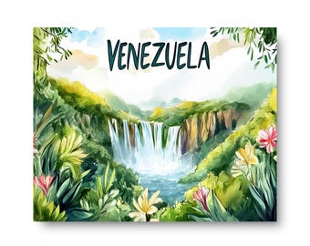 Venezuela Inspired Waterfall Print, Wide Cascades Framed by Tropical Flowers and Jungle Leaves with Bold Country Lettering