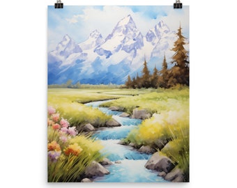 Grand Teton National Park Watercolor Print, Wyoming Mountain Landscape Wall Art, Nature Poster, Alpine Wilderness Decor, US Travel Artwork